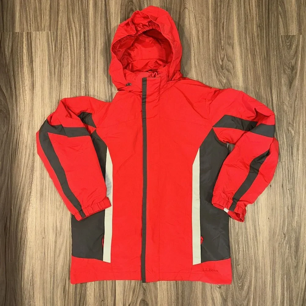 LL Bean Jacket Youth M10-12 Red‎ Gray Hooded Waterproof Shell  Item 277662